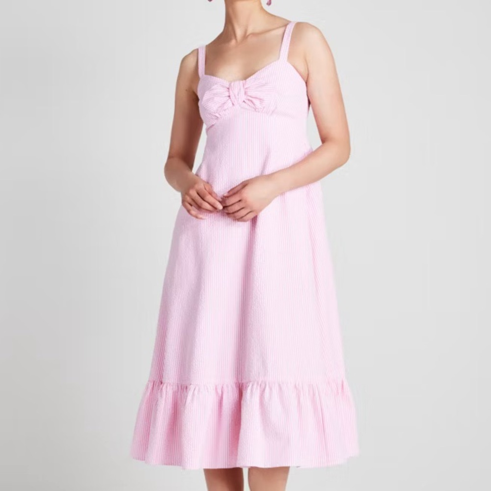 Kate Spade Pink Seersucker Stripe Bow Dress | Size XL | Adjustable Straps